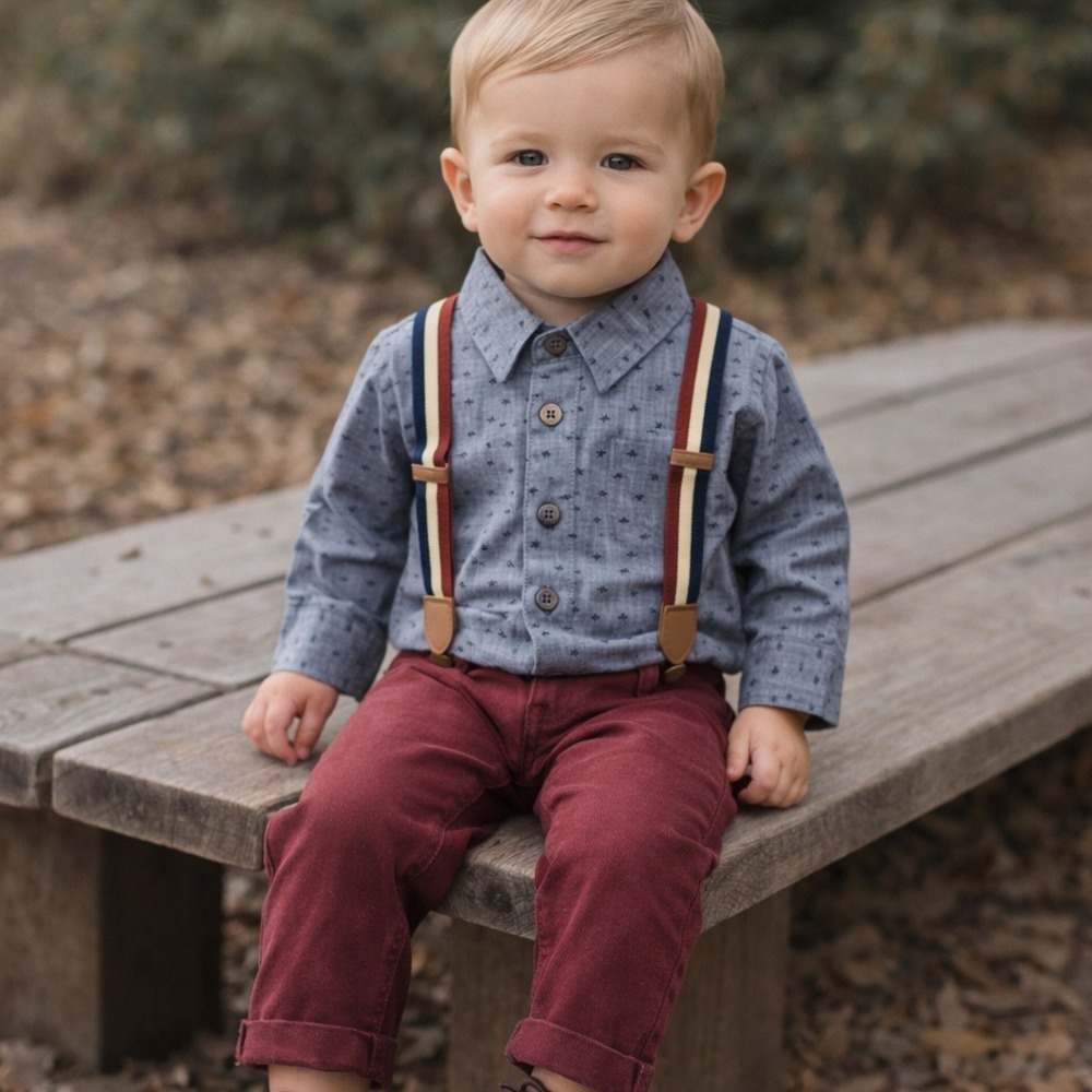 Axel Hudson Boys 2pc Outfit 12-18M Shirt‎ Suspenders Burgundy Pants Golf Set